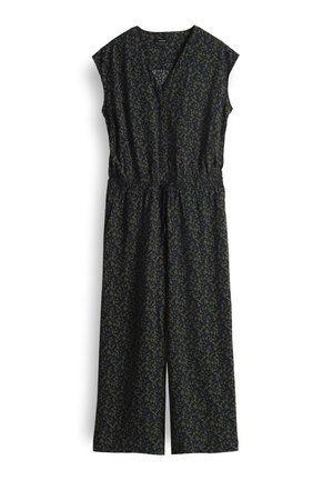 Tuta navy con maniche corte, scollatura a V e vita elastica. Presenta un delicato motivo floreale verde in tutto il capo. Design a gamba larga.