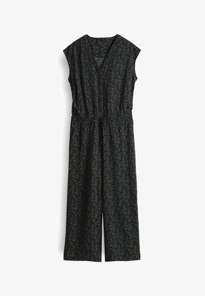 Marine Overall mit kurzen Ärmeln, V-Ausschnitt und elastischem Bund. Verfügt über ein dezentes grünes Blumenmuster. Weit geschnittene Beine.