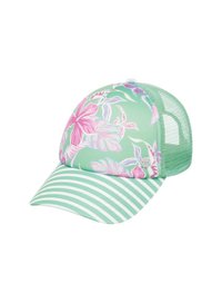 Gorra verde con diseño floral en rosa y blanco. Visera a rayas y parte trasera de malla para ventilación. Presenta un pequeño logo en el lado.