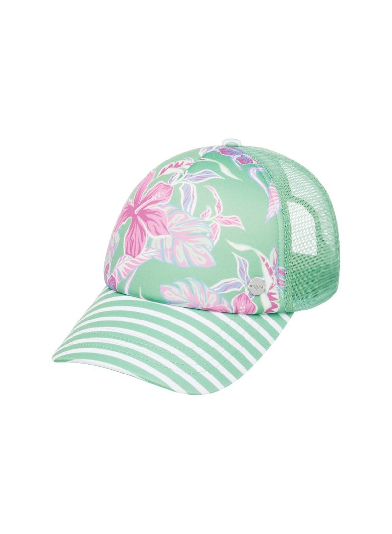 Green cap with floral design in pink and white. Striped peak and mesh back for ventilation. Features a small logo on the side.