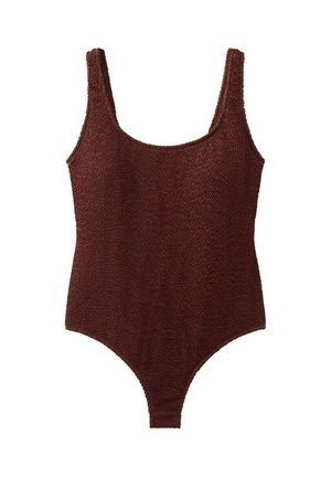 Bañador de una pieza sin mangas, de color marrón oscuro texturizado, con escote redondo y aperturas de pierna de corte alto.
