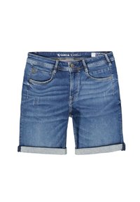 Denim shorts in een middelmatig gewassen blauwe kleur met een opgerolde zoom. Voorzien van vijf zakken, lichte slijtage en een merkg logo op de tailleband.