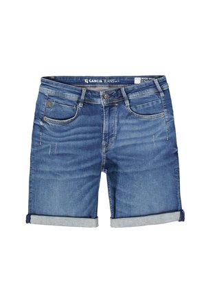 Jeans-Shorts in mittlerem Waschblau mit umgeschlagenem Saum. Verfügt über fünf Taschen, leichte Used-Optik und ein Markenlogo am Bund.