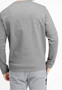 Šedá mikina s kulatým výstřihem a dlouhými rukávy, vyrobená z měkké tkaniny s žebrovaným lemem a stylovými bočními pruhy.