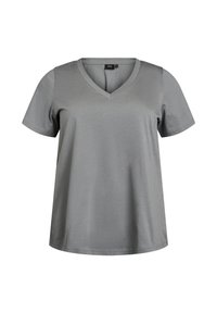 T-shirt grigio a maniche corte con scollatura a V, realizzato in materiale morbido e leggero. Presenta una vestibilità rilassata e un orlo pulito.