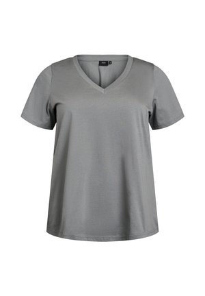 Grijze, kortärmelige T-shirt met een V-halsontwerp, gemaakt van zacht, lichtgewicht materiaal. Heeft een losse pasvorm en een nette zoom.