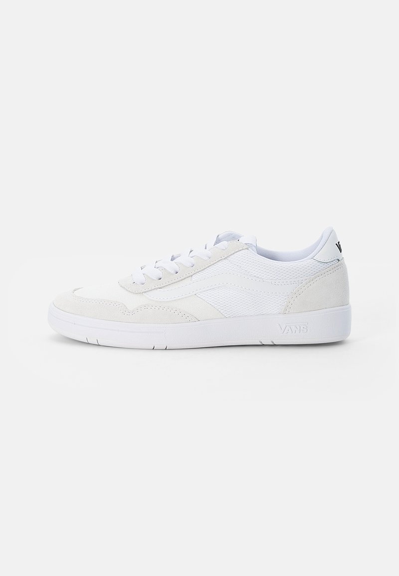 White sneakers with a mix of smooth and textured materials, featuring lace-up design, rounded toe, and clean lines. Brand logo on heel.
