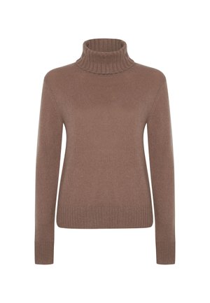 Brauner gestrickter Rollkragenpullover mit langen Ärmeln und gerippten Bündchen und Saum, auf einem weißen Hintergrund präsentiert.
