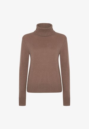 Maglione a collo alto marrone a maglia con maniche lunghe e polsini e orlo a costine, esposto su uno sfondo bianco.