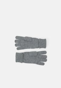 Grå strikkede hansker med ribbet håndledd, som har fem individuelle fingre, laget av mykt, teksturert stoff for varme og komfort.