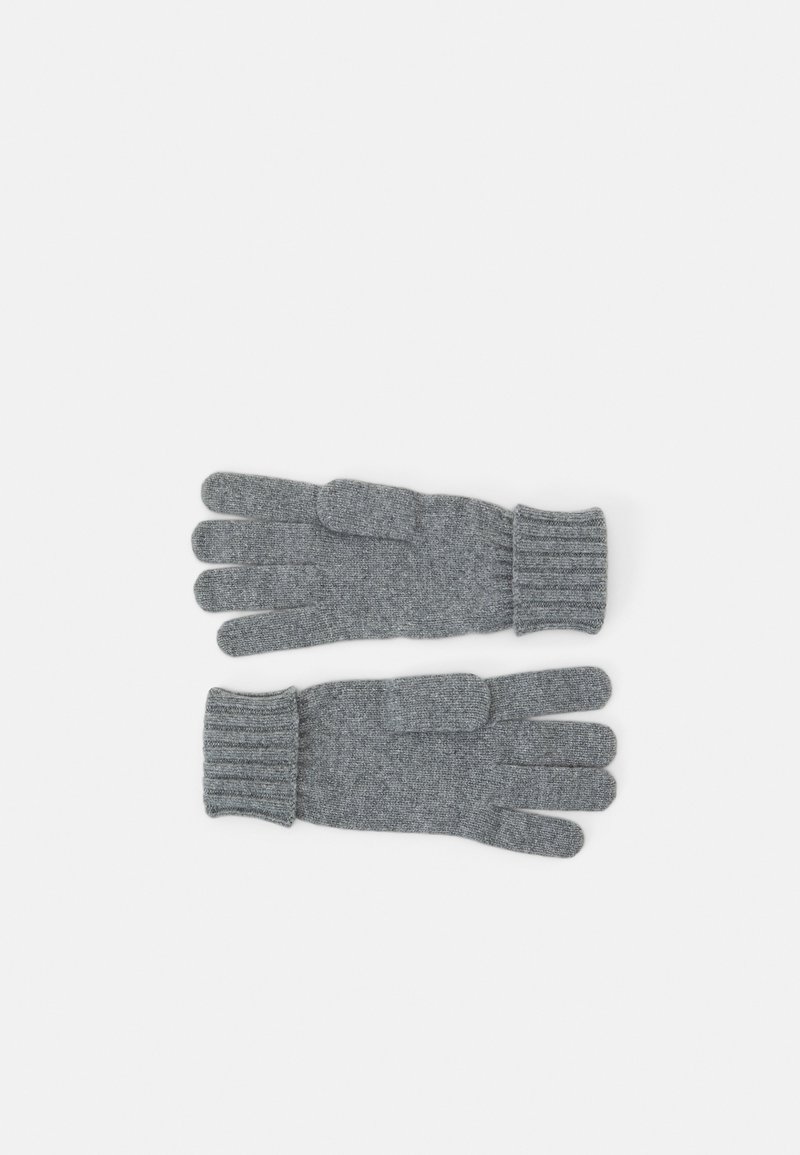 Gants en tricot gris avec des poignets côtelés, comportant cinq doigts individuels, fabriqués en tissu doux et texturé pour la chaleur et le confort.