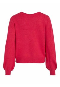 Pull en maille rouge avec manches longues bouffantes, poignets côtelés et ourlet côtelé, vu de dos sur un fond blanc.