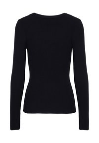 Black ribbed long-sleeve top, featuring a round neckline and a fitted silhouette. The texture is smooth and stretchy for a close fit.
