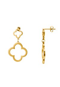 Gold-tone earrings featuring a large open floral design with a smaller attached flower at the top. Smooth, polished surface, modern shape.