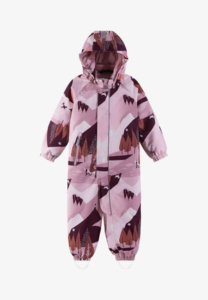 Fato integral rosa com padrões de montanhas e florestas em mauve, branco e castanho, apresentando fecho em zíper na frente, capuz e punhos elásticos.