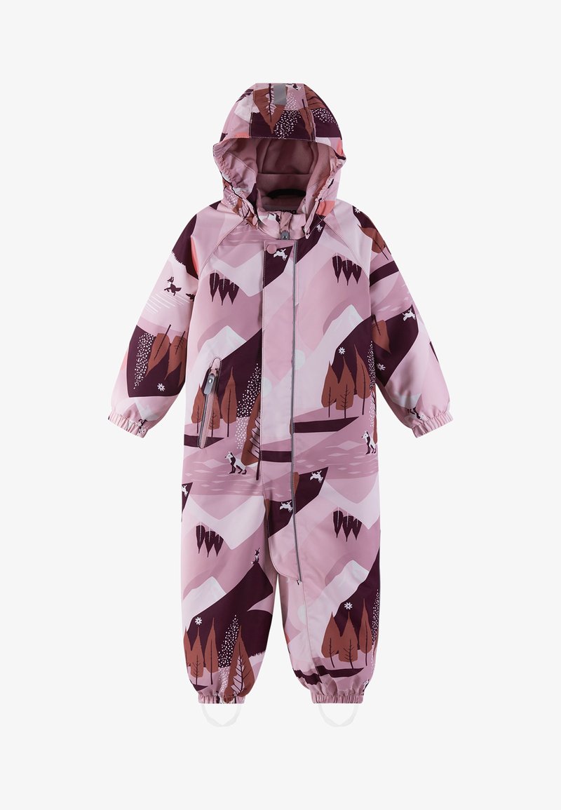Roze overall met berg- en bospatronen in mauve, wit en bruin, met een ritssluiting aan de voorkant, een capuchon en elastische boorden.