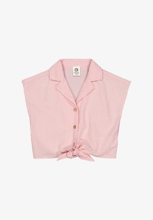 Kurzärmlige Bluse mit pink-weißen Streifen, mit einem Kragen und holzähnlichen Knöpfen, und einem geknoteten Detail am Saum.