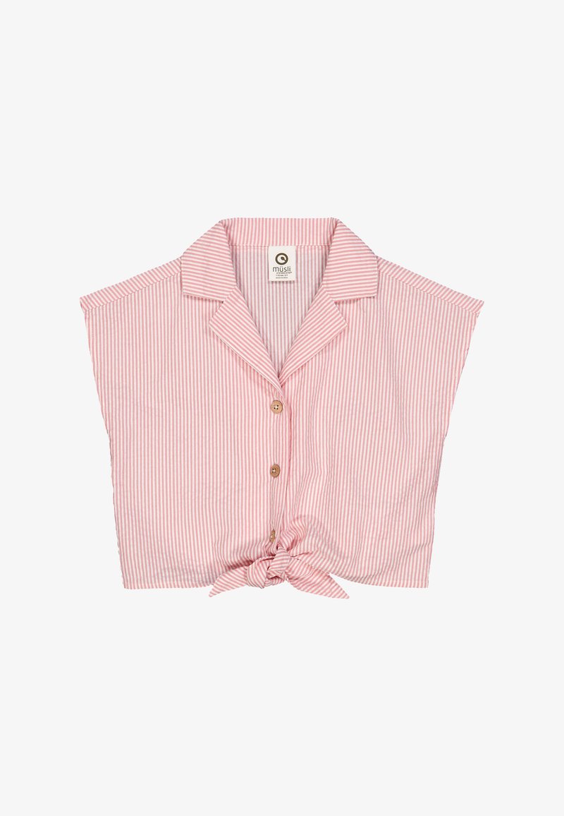 Kratký rukáv růžový a bílý pruhovaný top s límečkem a knoflíky v dřevěném vzhledu, s uzlovým detailem na spodním okraji.