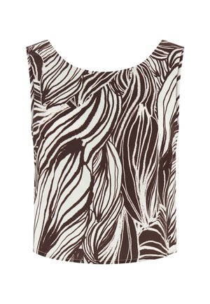 Mouwloos topje met een brede ronde hals en een abstract zwart-wit patroon van bladachtige strepen.