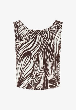 Top senza maniche con ampio scollo a girocollo caratterizzato da un motivo astratto a strisce bianche e nere simili a foglie.