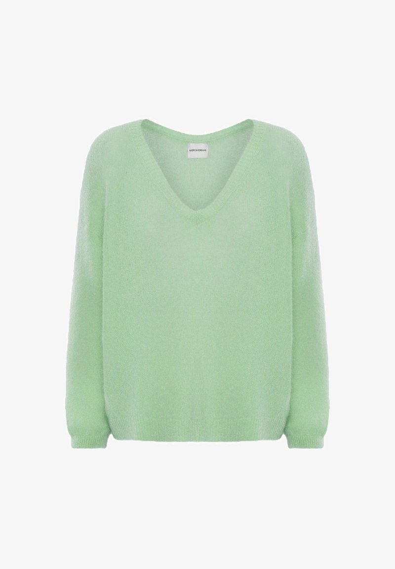 Pull en maille douce vert clair à manches longues et col en V, présenté sur fond blanc.