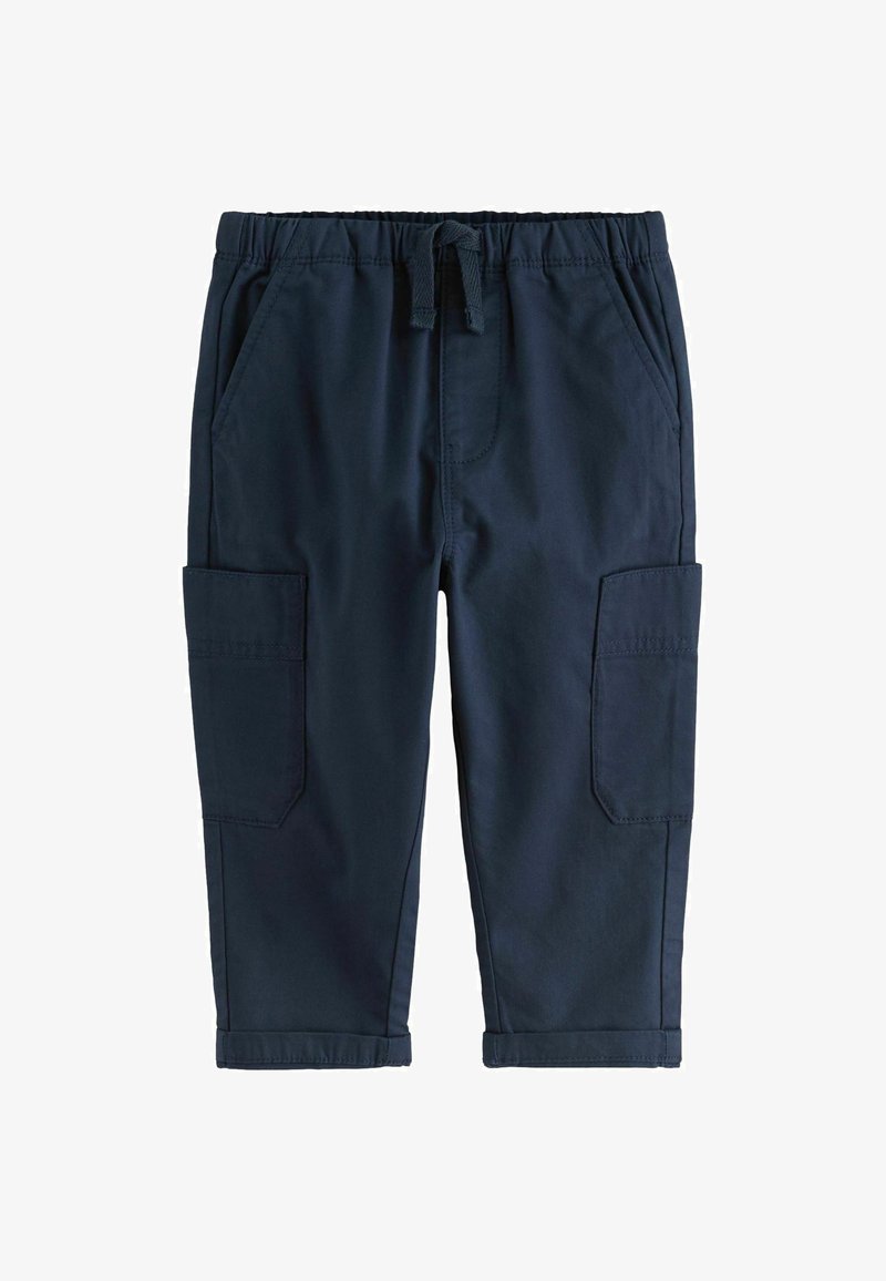 Marineblå cargo bukser med elastisk talje, snoretræk, to sidelommer og to cargo lommer på lårene. Glat stofstruktur.