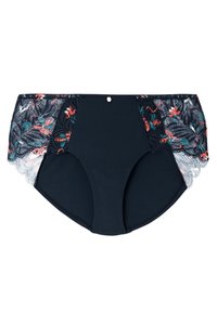 Culotte en coton noir avec des accents en dentelle florale rouge, verte et blanche sur les côtés, et un petit détail métallique au centre à l'avant.