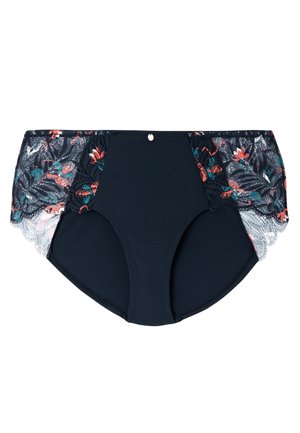 Culotte en coton noir avec des accents en dentelle florale rouge, verte et blanche sur les côtés, et un petit détail métallique au centre à l'avant.