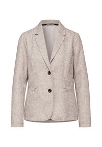 Blazer texturé de couleur brun clair avec une coupe ajustée, des revers crantés, deux poches avant et deux boutons noirs.