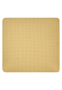 Gelbes Decke aus strukturiertem Stoff, mit kleinen, subtilen gepunkteten Mustern in Braun und Grün. Mit einem glatten, gesteppten Rand versehen.