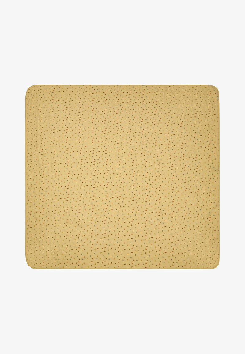 Gelbes Decke aus strukturiertem Stoff, mit kleinen, subtilen gepunkteten Mustern in Braun und Grün. Mit einem glatten, gesteppten Rand versehen.