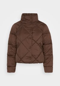 Veste matelassée marron avec un col haut, dotée d'une fermeture à boutons et d'un motif en losanges. Fabriquée en matériau léger et brillant.