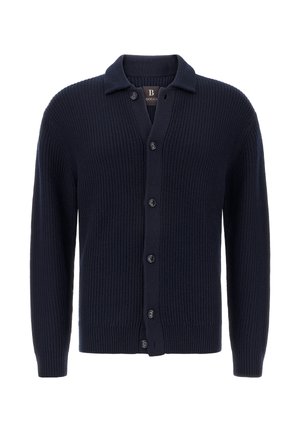 Granatowy kardigan prążkowany wykonany z miękkiej dzianiny, z zapinaniem na guziki z przodu, kołnierzykiem oraz długimi rękawami z dopasowanymi mankietami.