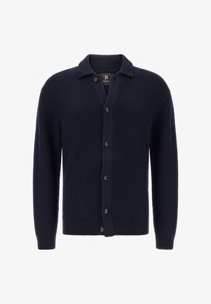 Cárdigan de canalé azul marino hecho de suave tejido de punto, con cierre de botones en la parte delantera, cuello con solapa y mangas largas con puños ajustados.