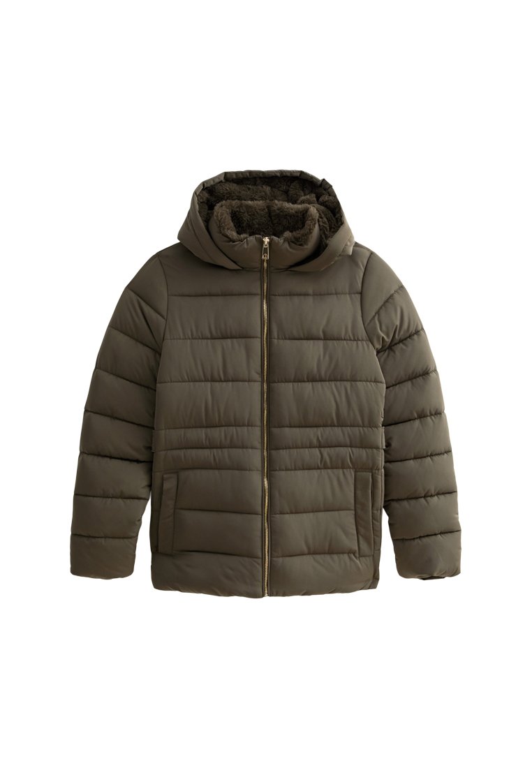 Olivgrüner Pufferjacke mit Kapuze, Reißverschluss und gemütlichem Innenfutter. Verfügt über ein horizontales Steppmuster und zwei seitliche Taschen.