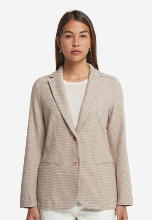 Beige strukturierter Blazer mit Reverskragen, zwei Fronttaschen und zwei Knöpfen. Das Material hat ein dezentes gewebtes Muster.
