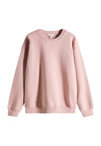 Rosa Sweatshirt aus weichem Material, mit rundem Halsausschnitt, langen Ärmeln, gerippten Bündchen und einem lockeren Schnitt ohne Muster.
