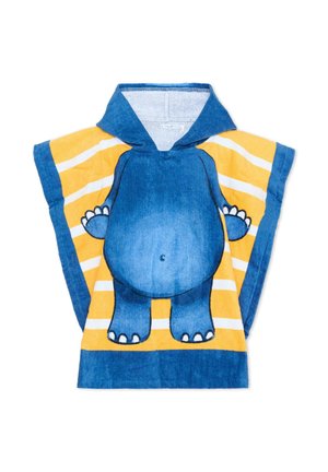 Dziecięcy ponczo z kapturem w niebieski wzór dinozaura na żółto-białym pasiastym tle.