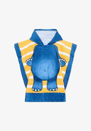 Poncho con cappuccio per bambini con motivo di un dinosauro blu e sfondo a strisce gialle e bianche.