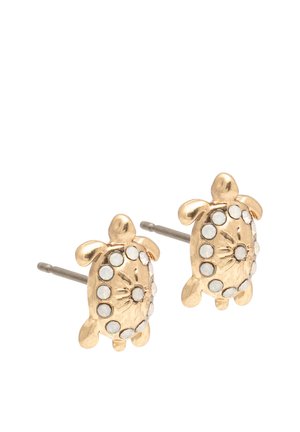 Gold stud earrings shaped like turtles with small white stones arranged on the shells, displayed on a white background.