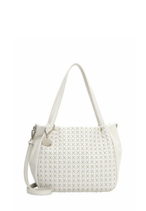 White leather handbag with perforated front panel, double handles, detachable shoulder strap, and round metal brand tag.