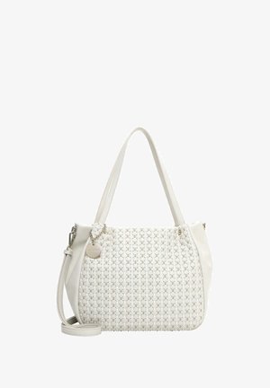 White leather handbag with perforated front panel, double handles, detachable shoulder strap, and round metal brand tag.