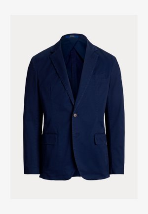Blazer de algodão azul-marinho com fechamento de dois botões, lapelas com recorte e duas bolsos frontais. Apresenta um design liso e estruturado.