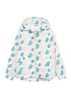 Chaqueta blanca con capucha y cremallera, con estampados de hojas tropicales en tonos pastel rosa, verde y azul, y puños elásticos.