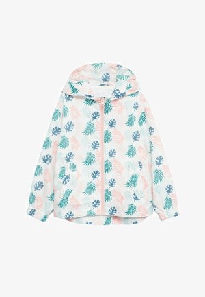 Giacca bianca con cappuccio e cerniera, caratterizzata da motivi di foglie tropicali nei toni pastello di rosa, verde e blu e polsini elastici.