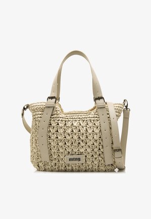Sac à main en paille tissée avec une finition naturelle texturée, doté de sangles en cuir beige clair et d'une plaque logo de marque sur le devant.