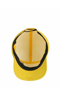 Yellow baseball cap shown from inside, featuring black inner lining and adjustable strap at the back.