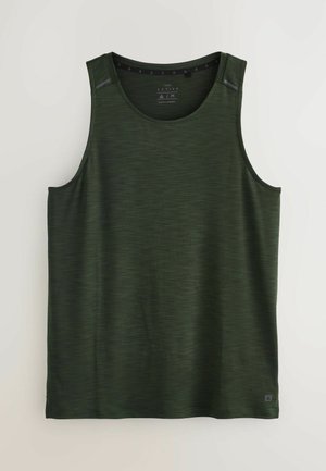 Débardeur de sport sans manches de couleur vert foncé fabriqué dans un tissu texturé et respirant. Il présente un col rond et un petit logo en bas.