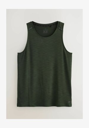 Tmavohnedý bezrukávový športový top vyrobený z textúrovaného, priedušného materiálu. Má okrúhly výstrih a malé logo na leme.