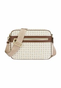 Borsa a tracolla crema e marrone con motivo a logo dorato, tasca frontale con zip e tracolla regolabile con marchio impresso.